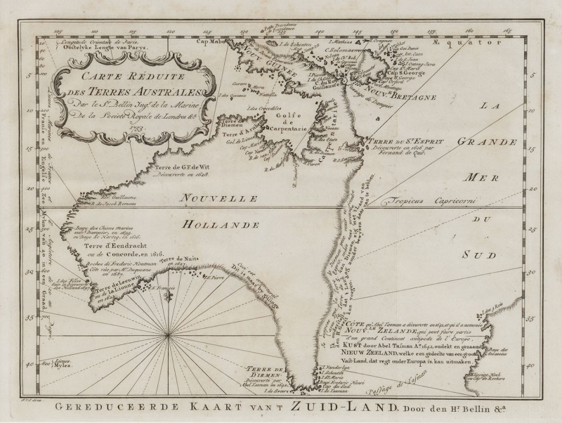 BELLIN, Jacques Nicholas [1703-1772] Carte reduite des terres Australes, Par le Sr. Bellin, Ingr. de la Marine De la Societe Royale de Londres & ca. 1753; 22 x 29.5cm (plate size).