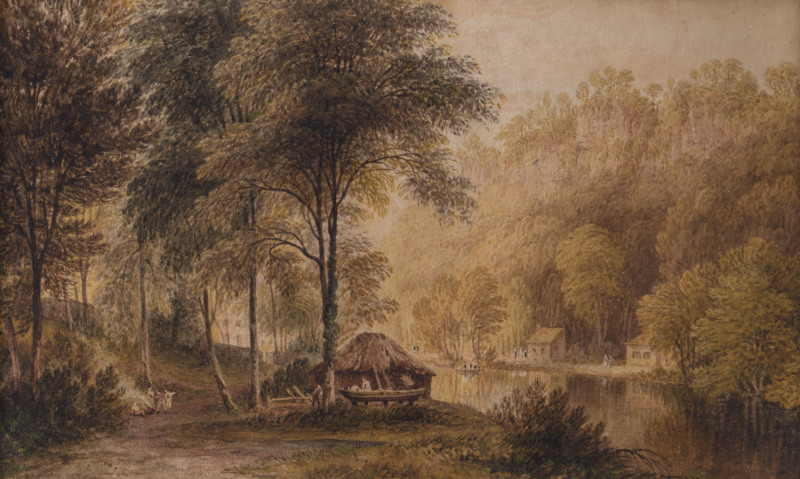 JOHN GLOVER (1767 - 1849), New Settlement - Van Diemen's Land, watercolour, 13 x 20.5cm. PROVENANCE: Exhibited at Gould Galleries, Melbourne, March 1982. Catalogue Note: "This painting has been in the possession of one English family since purchase in ea