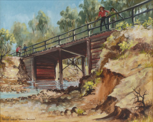 ARTHUR HAMBLIN (b.1933), Bridge Builders, acrylic on canvas, 41 x 50.5cm.