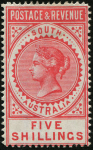 SOUTH AUSTRALIA: 1886-96 (SG.196a) 5/- rose-pink ("POSTAGE & REVENUE") perf.12.5 x 11.5, fresh MUH. 