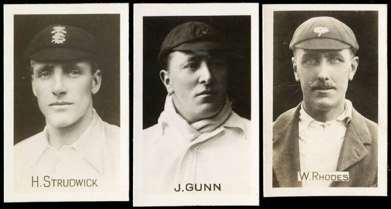 1922 Boys' Realm "Famous Cricketers", complete real photo set, noted W.Rhodes, G.Gunn & H.Strudwick. G/VG.