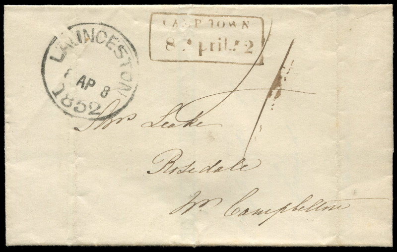 TASMANIA - Postal History: 1852 (Apr. 8) Launceston to Campbell Town outer, rated "4" with Type 2 Launceston departure datestamp, with same day strike of boxed "CAMP TOWN/8 April 52" arrival handstamp, intact wax seal in black on reverse.