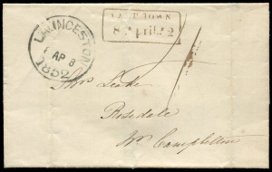 TASMANIA - Postal History: 1852 (Apr. 8) Launceston to Campbell Town outer, rated "4" with Type 2 Launceston departure datestamp, with same day strike of boxed "CAMP TOWN/8 April 52" arrival handstamp, intact wax seal in black on reverse.