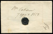 TASMANIA - Postal History: 1852 (Apr. 8) Launceston to Campbell Town outer, rated "4" with Type 2 Launceston departure datestamp, with same day strike of boxed "CAMP TOWN/8 April 52" arrival handstamp, intact wax seal in black on reverse. - 2