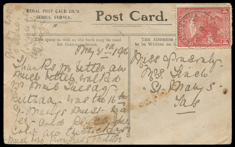 TASMANIA - Postmarks: CENTRAL CASTRA: 'CENTRAL CASTRA / MY31/06' datestamp just tying 1d Pictorial to PPC addressed to St Mary's, Rated RR+, however much scarcer on cover.