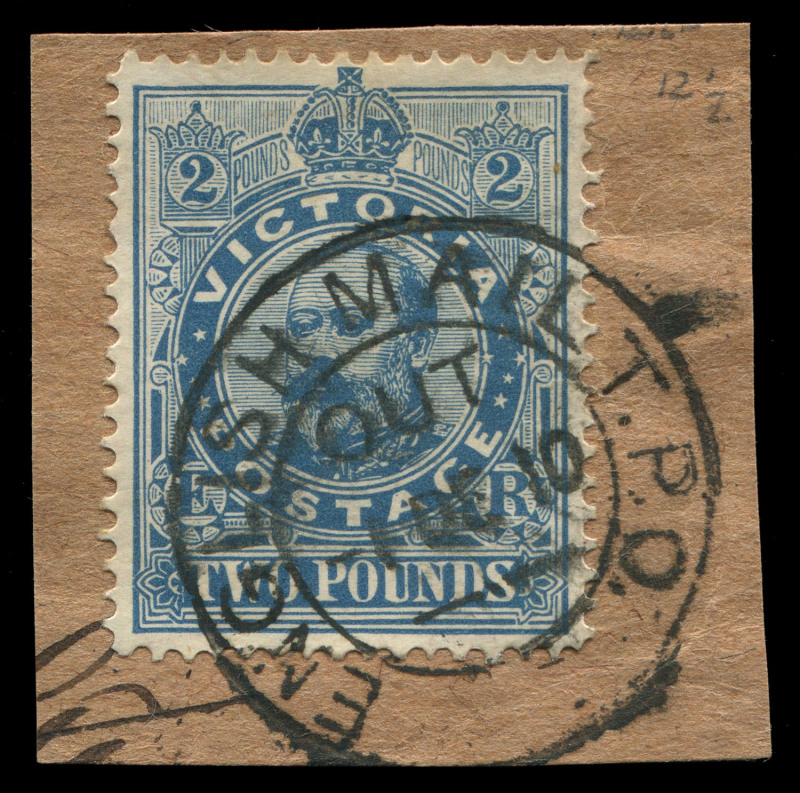 VICTORIA: 1905-13 (SG.432) Wmk Crown/A Perf.12½ KEVII £2 dull blue, tied on parcel fragment, superb and complete 'ENGLISH MAIL T.P.O./OUT/1OC10' datestamp. Exceedingly scarce commercial usage. 