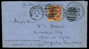 VICTORIA - Postal History: 1894 (Feb.17) use of Die 5 'CHIEF SECRETARY' frank-stamp printed cover, uprated with QV 2½d red/yellow for transit to Argentine Republic, all tied by MELBOURNE duplex cancels, BUENOS AIRES arrival backstamp. Terrific destination!