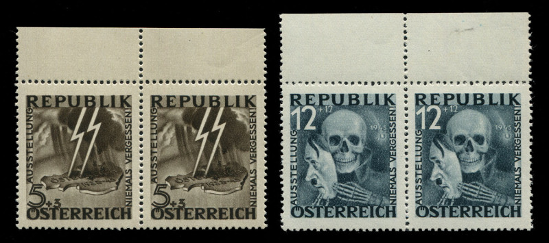 AUSTRIA: 1946 Unissued Anti-Fascist Exhibition 5g (+5g) "SS" Lightning Bolts & 12g (+12g) Death Wearing "Hitler" Mask marginal pairs, fresh MUH. Rare in multiples. (2 pairs) Unificato 2020 catalogue: ‚¬2600 x 2.The Allied Control Commission rejected the