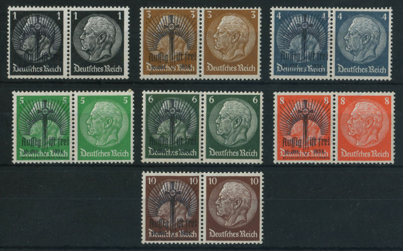 GERMANY: German Occupation - Sudetenland: 1938 1pf to 10pf pairs, the left side unit of each pair with unofficial Sword & Swastika overprints for the occupation of the town of Aussig, MUH.