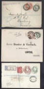 GREAT BRITAIN - Postal Stationery: Envelopes PTPO: Envelopes PTPO: 1903-11 KEVII two-stamp selection comprising ½d + 3d Huggins & Baker ESC621 (2, to Leipzig endorsed "Late Fee", and a registered front to Holland), ½d + 4d ESC622 mint & unused, 1½d + 3d E - 3