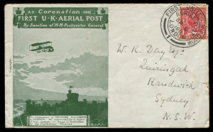 GREAT BRITAIN - Aerophilately & Flight Covers: 9 Sep. 1911 1d KGV tied for first day usage of the deep dull green envelope (with insert) carried on the inaugural British air mail service with special cancel, addressed to Sydney. Two examples recorded in 