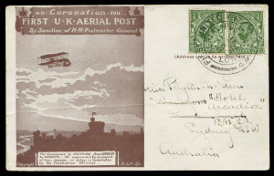 GREAT BRITAIN - Aerophilately & Flight Covers: 12 & 19 Sep. 1911 fourth and fifth day usages of the purple-brown postcards carried via the inaugural British air mail service, and addressed to Sydney and Melbourne respectively; the latter paid at ½d internal rate only and accordingly taxed 1d upon arrival. (2)