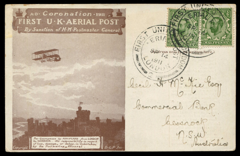 GREAT BRITAIN - Aerophilately & Flight Covers: 14 Sep.1911 sixth day usage of the purple-brown postcard with Organizing Committee printed inscription on reverse for inaugural British air mail service; addressed to Cessnock, N.S.W.. The only recorded exam