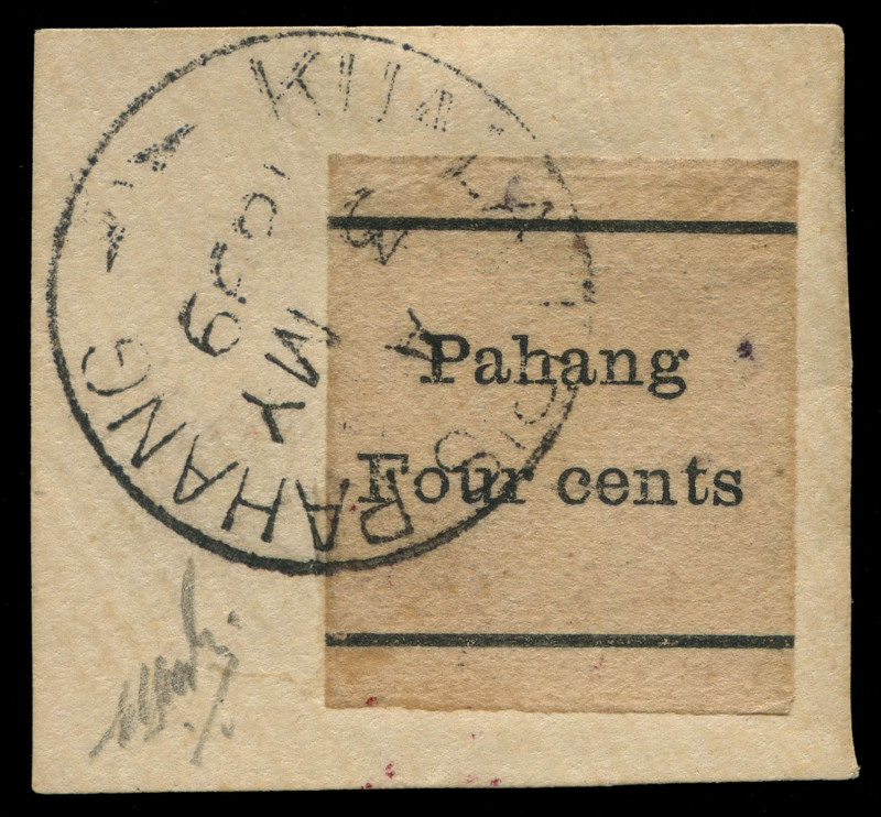 MALAYAN STATES - PAHANG: 1898 (SG.26) No Watermark imperforate 4c with Type 13 overprint in black on plain paper, used on a small piece and tied by KUALA LIPIS '3MY/1899' datestamp, Cat £5000. Rare! BPA Certificate (1996).