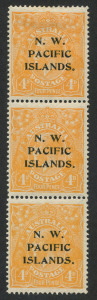 NEW GUINEA - 'N.W./PACIFIC/ISLANDS' Overprints: NWPI 1915-16 (SG.70,70c) 4d Bright Yellow-Orange a,b,c strip, top unit with variety "Line through 'FOUR PENCE'" [2R12], fine mint with lower two units MUH, Cat £425+.  