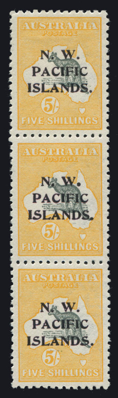 NEW GUINEA - 'N.W./PACIFIC/ISLANDS' Overprints: NWPI 1915-16 (SG.92) 5/- Grey & Yellow Roo a,b,c strip of 3, excellent centring, upper unit MLH, lower units MUH, Cat £375+.  