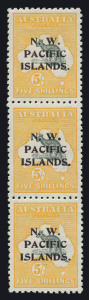NEW GUINEA - 'N.W./PACIFIC/ISLANDS' Overprints: NWPI 1915-16 (SG.92) 5/- Grey & Yellow Roo a,b,c strip of 3, excellent centring, upper unit MLH, lower units MUH, Cat £375+.  