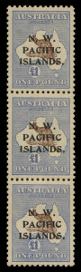NEW GUINEA - 'N.W./PACIFIC/ISLANDS' Overprints: NWPI 1915-16 (SG.99) Kangaroos Third Wmk £1 chocolate & dull blue a,b,c strip of 3, upper unit "Roo with broken right ear"[R47] BW.52V(v), plus a "Vertical line (in blue) running through all three units (po