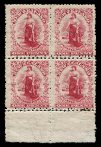 NEW ZEALAND: 1904 (SG.351) Royle 'Dot' Plate 1d rose-carmine Universal Perf 14, marginal block of (4) with MIXED DOUBLE PERFS horizontally (Perf. 14 & Perf. 11); very scarce.