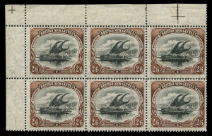 PAPUA: 1901-05 (SG.16a) BNG, Watermark Vertical 2/6d black & brown on Thin Paper, upper-left corner block of 6 (3x2), fine mint with four units unmounted. Believed to be the largest surviving multiple of a BNG 2/6d value. Ex John Du Pont, Prestige Sale No.183, Lot 1443 - $14,550.