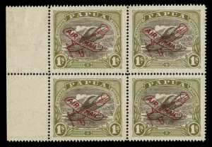 PAPUA: 1929-30 (SG.117) Harrison Printings AIR MAIL Overprint 1/- sepia & olive, marginal block of (4) with "Overprint in deep carmine" the first unit with 'AI,R MAIL' overprint variety, fresh MUH. This flaw not listed by Gibbons. The variety occurred only once on each sheet, and as only 10 sheets were overprinted in carmine, a maximum of 10 examples can exist. Only one other block (without selvedge) exists.