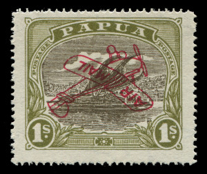 PAPUA: 1929 (SG.117a) 'AIR MAIL' Overprints: Harrison Printings 1/- sepia & olive OVERPRINT INVERTED, with several dealer guarantee handstamps, fine mint, Cat £15,000. Rare, from the only sheet of 40 recorded with this overprint variety. Billig & Rich letter of guarantee (1953).Provenance: Prestige Sale 163, Lot 454 - $18,975.