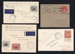 PAPUA - Aerophilately & Flight Covers: A lovely group of flown covers, mainly signed: 2 April 1934 (AAMC.P69a) Port Moresby - Australia, flown & signed by Sidney Marshall; 1 Sept.1935 (AAMC.P90a) Daru - Port Moresby - Darwin, flown & signed by Squadron Leader O. Hempel; 27 Nov.1935 (AAMC.P94) Port Moresby - Oroville Police Camp - Daru, flown cover; and, 20 Jan.1938 (AAMC.P124) Sydney - Port Moresby cover, flown & signed by Barbara Hitchins and her passenger, C.R. Roberts. (4 covers). Cat.$2250.