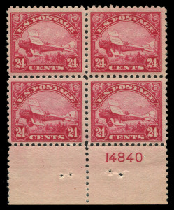 UNITED STATES OF AMERICA: AIRMAILS: 1923 (Scott C4-6) 8c, 16c & 24c issue in fresh blocks of 4; the lower values with 2 MUH/2MLH units; the 24c with lower margin with plate number and completely MUH. (12). A beautifully centred premium quality set. Cat.US$1075+.