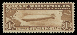 UNITED STATES OF AMERICA: AIRMAILS: 1930 (Scott C14) $1.30 Zeppelin crossing the Atlantic; superb MUH. Cat.US$650.