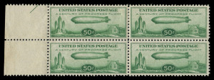 UNITED STATES OF AMERICA: AIRMAILS: 1933 (Scott C18) 50c Century of Progress, marginal block (4), 2 MUH, 2 MLH. Superbly centred.