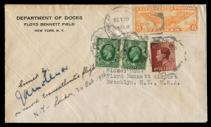 UNITED STATES OF AMERICA - Aerophilately & Flight Covers: 30 Oct. 1936 New York - London flown cover, carried by JAMES MOLLISON in his Bellanca "Miss Dorothy" making the first direct flight between the two cities; with 6c Wings tied by BROOKLYN cds and GB ½d (2) + 1½d tied by CROYDON arrival datestamps. Signed at left by the pilot and accompanied by the original enclosure, a postcard also signed by Mollison with the dated statement "This envelope was carried by me from New York to Croydon on my