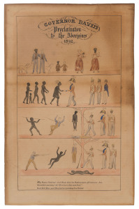 (After) George Frankland (British, 1800–1838).| Governor Davey’s Proclamation To The Aborigines, 1816, c1880s watercolour and ink drawing, captioned in image, 40 x 23.4cm. [Unknown date, but 2nd half 19th century.]