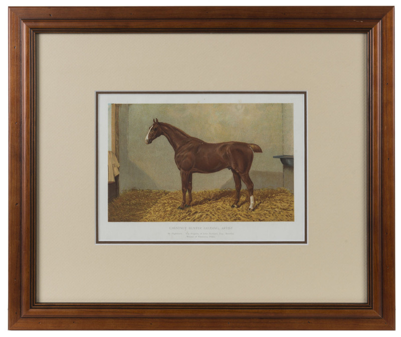 "ARTIST" by "HIGHTHORN": print of an 19th century chestnut gelding, owned by "John Hadland, Esq" (Beverley, England), attractively framed and glazed, overall 38 x44.5cm.