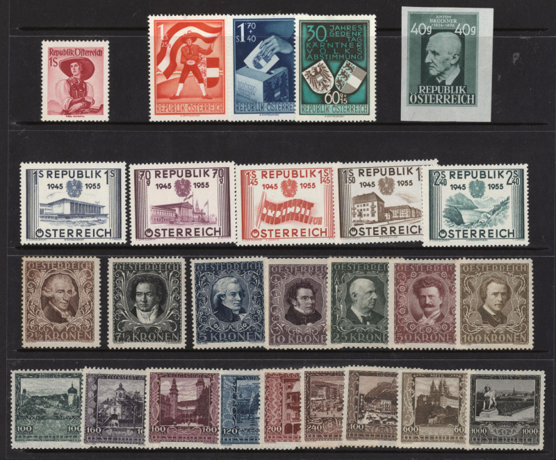 AUSTRIA: 1919-50s odd lot with 1919-20 Parliament, 1920-21 Arms & 1920-21 Numerals values in mint multiples incl. larger blocks & part sheets, few mints sets incl. 1922 Musicians, 1923 Views, 1950 Carinthia, 1955 Parliament, plus 1948-49 40g Bruckner imp