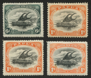 PAPUA: 1901-15 collection illustrating varieties including BNG 6d SG.6 (2) one with "Vertical line below 'E' of 'NEW'", the other with "Vertical scratches in sky", 1/- SG.7 with "Horizontal scratches at top right", optd Large 'Papua' 1/- SG.19 "Dry ink", 1d SG.22 with "Broken 'U' in 'PAPUA' overprint", 1907-10 1/- SG.65 "Large 'P' in 'PAPUA', 1/- SG.71 (5) all with varieties, plus lots more of interest to specialists; generally fine, Cat. £1500+. (50+).