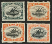 PAPUA: 1901-15 collection illustrating varieties including BNG 6d SG.6 (2) one with "Vertical line below 'E' of 'NEW'", the other with "Vertical scratches in sky", 1/- SG.7 with "Horizontal scratches at top right", optd Large 'Papua' 1/- SG.19 "Dry ink",