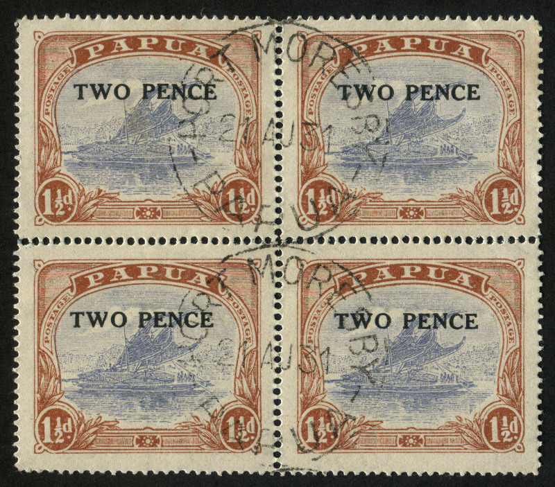 PAPUA: 1901-32 collection illustrating many varieties including Small 'PAPUA' 1/- SG.71 "White dot in top of left spandrel", 2d on 1½d blocks of 4 (2) each with varieties on all four units; postmarks incl. 'BNG' Bars cancels incl. for Kokoda, Lee.69 (Rate