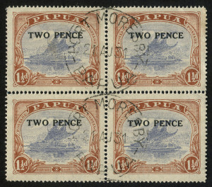 PAPUA: 1901-32 collection illustrating many varieties including Small 'PAPUA' 1/- SG.71 "White dot in top of left spandrel", 2d on 1½d blocks of 4 (2) each with varieties on all four units; postmarks incl. 'BNG' Bars cancels incl. for Kokoda, Lee.69 (Rated F), Woodlarks Lee. 60 (Rated E) & Kokoda Lee.69 all in violet, plus several for Samarai, also datestamps with BONAGAI used at KULUMADAU (Rated E);