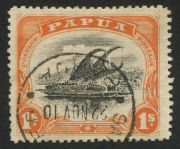 PAPUA: 1901-32 collection illustrating many varieties including Small 'PAPUA' 1/- SG.71 "White dot in top of left spandrel", 2d on 1&frac12;d blocks of 4 (2) each with varieties on all four units; postmarks incl. 'BNG' Bars cancels incl. for Kokoda, Lee.69 (Rate - 2