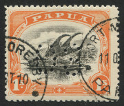 PAPUA: 1901-32 collection illustrating many varieties including Small 'PAPUA' 1/- SG.71 "White dot in top of left spandrel", 2d on 1&frac12;d blocks of 4 (2) each with varieties on all four units; postmarks incl. 'BNG' Bars cancels incl. for Kokoda, Lee.69 (Rate - 5