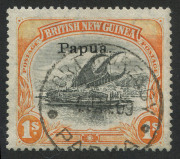 PAPUA: 1901-32 collection illustrating many varieties including Small 'PAPUA' 1/- SG.71 "White dot in top of left spandrel", 2d on 1&frac12;d blocks of 4 (2) each with varieties on all four units; postmarks incl. 'BNG' Bars cancels incl. for Kokoda, Lee.69 (Rate - 7