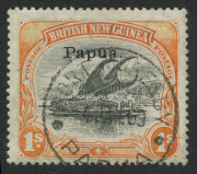 PAPUA: 1901-32 collection illustrating many varieties including Small 'PAPUA' 1/- SG.71 "White dot in top of left spandrel", 2d on 1½d blocks of 4 (2) each with varieties on all four units; postmarks incl. 'BNG' Bars cancels incl. for Kokoda, Lee.69 (Rate - 7