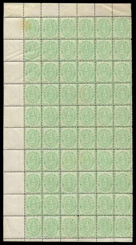AUSTRALIA: Postage Dues: 1906-08 (SG.D45) Crown/A wmk ½d green, perf.11½,12 compound with 11 [BW:D46], complete left pane of 60 units (6x10), selvedge intact on 3 sides, toning on one unit only, very fine MUH overall, Cat. £960++. Rare survivor.