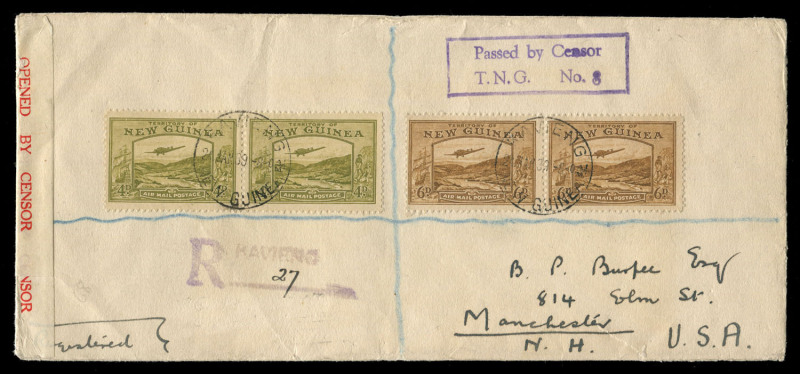 NEW GUINEA - Postal History: 1939 (Jan.24) registered cover to England endorsed on reverse "From/G. Dutton/Bengi/Kavieng" (Bengi Plantation, 55km from Kavieng) with Bulolo Airs 6d & 4d pairs tied by KAVIENG '24JAN/39', datestamp, rubber Kavieng registrat