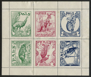 AUSTRALIA: Cinderellas: "PALS" LABELS: Sheetlet of labels issued by "PALS" Boys Weekly Publication featuring the kangaroo, platypus, koala, emu, lyrebird and kookaburra; perf reinforcements, without gum. (1 sheetlet of 6 stamps)