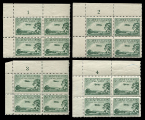 AUSTRALIA: Other Pre-Decimals: 1929 (SG.115) 3d green Airmail, Plate Number corner blocks of 4 comprising Type B Plates 1, 3 & 4 (crayon line in selvedge) and Type A Plate 2, all fresh MUH, BW:134za,zc,zd &135zb - Cat $1300.