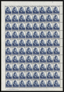 AUSTRALIA: Other Pre-Decimals: 1951-53 (SG.251 var.) 7½d blue KGVI, complete left pane (80), with Imprint on THIN PAPER (measures 0.075mm); BW.257a - $6000. The largest multiple we have recorded.  