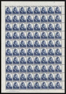 AUSTRALIA: Other Pre-Decimals: 1951-53 (SG.251 var.) 7½d blue KGVI, complete left pane (80), with Imprint on THIN PAPER (measures 0.075mm); BW.257a - $6000. The largest multiple we have recorded.