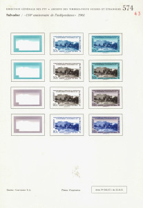 REST OF THE WORLD - Thematics: Buildings & Architecture - Proofs: El Salvador 1961 150th Anniversary of Independence (SG 1154-63) complete set of imperforate colour separations for the ten denominations, affixed to five pages from the printer's records. 