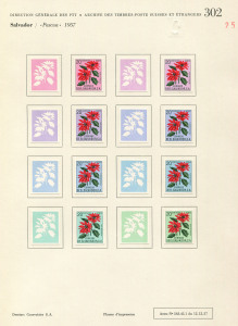 REST OF THE WORLD - Thematics: Flowers & Plants - Proofs: El Salvador 1960 Christmas (Flowers) complete set of imperforate colour separations for the eight standard denominations plus the 40c & 60c that were only issued in miniature sheet format, affixed to eight pages from the printer's records. Ex Courvoisier Archives. (119 proofs).